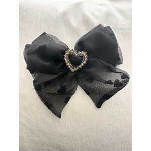 Black heart rhinestone bow - sheer with heart details - new